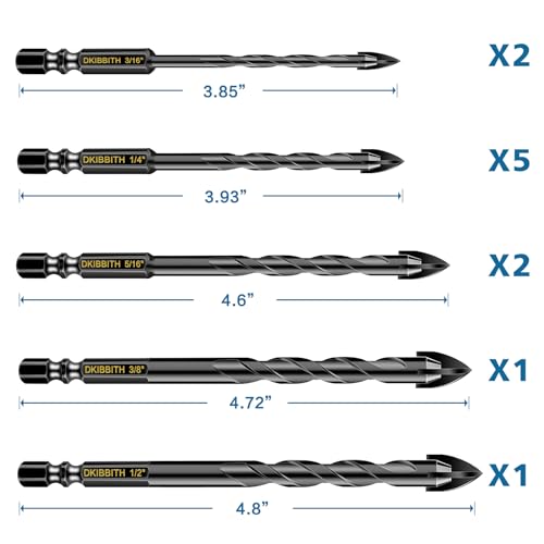 11-pc Carbide Masonry Concrete Drill Bit Set for Stone Tile Brick Ceramic Glass Metal Sheet Plastic Wood, Quick Change 1/4" Hex Shank, Size 3/16" 1/4" 5/16" 3/8" 1/2" with Storage Case - size: 11 Piece 3/16"-1/2" Drill Bit Set