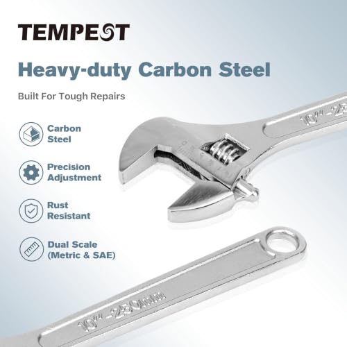 Tempest 10 Inch Adjustable Wrench, High-Torque Carbon Steel Wrench with Metric Scale,for Plumbing, Automotive Repair and Home DIY - size: 10 Inch