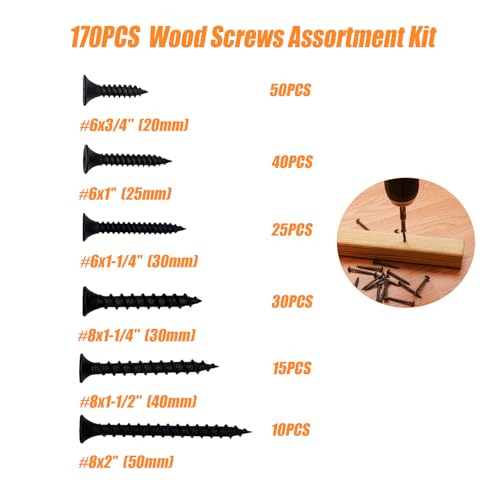 170PCS Wood Screws Assortment Kit, Drywall Screws, Black Wood Screws, Assorted Wood Screws, Flat Head Screws, Screw Assortment, Self-Tapping Screws for Wood, 6 Sizes - size: #6 #8 170PCS