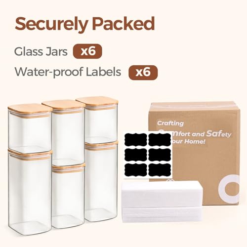 ComSaf Glass Pantry Storage Containers (0.7Qt/1.2Qt/1.6Qt) Set of 6, Square | Glass Storage Containers with Lids, Kitchen Canisters, Pantry Jar, Bamboo Lid with Silicone Seal, Flour Cereal Tea, BPA Free - size: 0.7Qt*2/1.2Qt*2/1.6Qt*2
