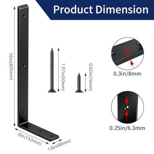 LSK 6PCS Countertop Bracket, L 16"×H 6", Heavy Duty Shelf Bracket, Black - color: Black, size: 16x6 inch (max duty)