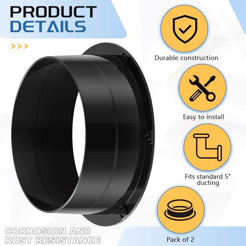 2 Pcs Duct Connector Flange 5 Inch Plastic Straight Pipe Flange Black Duct Reducer Dryer Vent Connector for Heating Cooling Grow Tent Bathroom Kitchen Ventilation System - size: 5 Inch