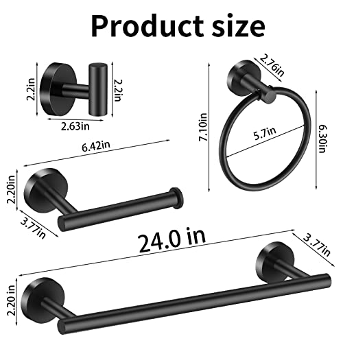 Bathroom Hardware Set Matte Black, 10 Pieces Bathroom Accessories Set Includes Includes 2 Packs 24 Inch Towel Bar, Towel Ring, Toilet Holder and 4 Packs Towel Hooks - color: Black-10pcs-24inch