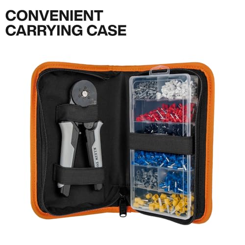 Klein Tools 34061 Ferrule Crimping Tool Set with Ratcheting Hex Crimper Pliers, 1200 Wire Terminals (10-22 AWG), and Soft Carrying Case for Electrical Applications - size: Crimper w/ Terminals