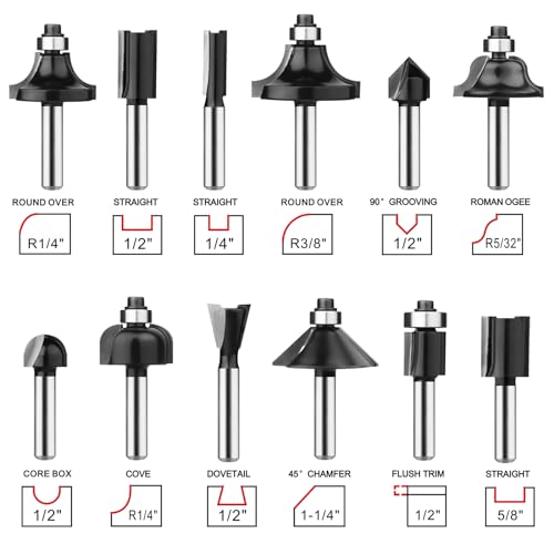 Router Bits 1/4 Inch Shank 12 Pieces, Tungsten Carbide 1/4" Router Bit Set, for Professional and Beginners Carpenter - size: 12 Pcs, 1/4" Shank