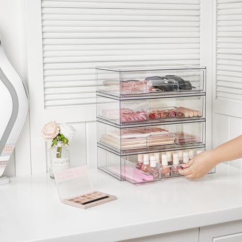 Vtopmart 12.1''W Clear Stackable Storage Drawers,3 Pack Acrylic Plastic Organizers Bins for Makeup Palettes, Cosmetics, and Beauty Supplies,Ideal for Vanity, Bathroom,Cabinet,Desk Organization | Clear Pull-Out Plastic Drawers, Stackable Design for Makeup