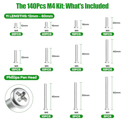 140 Pcs M4 Phillips Pan Head Long Machine Screws Kit, 304 SS | For Electrical Outlet, Switch Plate, Junction Box, Furniture Repair, Long Sizes (12mm-60mm), Storage Box, Anti-Rust - size: 140Pcs M4*12/16/18/20/25/30/35/40/45/50/55/60mm