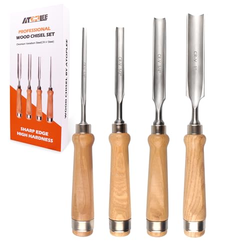 ATOPLEE Wood Chisel Set for Woodworking, 4 pcs Professional Wood Carving Chisel Tool Carpenter Gouge CR-V Steel Semi-Circular Edge Sharp Blade 6mm(1/4")/12mm(1/2")/18mm(3/4")/25mm(1") - size: Semi-Circular-4 Piece Set (6mm/12mm/18mm/25mm)