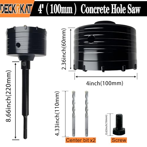 DECKRKAT 4" Concrete Hole Saw Kit,Electroplated Black Quenching Tech,Heavy-Duty Thickened Alloy Teeth,SDS Plus Shank & 2 Center Bits for Concrete,Brick,Stone. - size: (102mm)4"