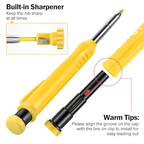 Hiboom 2 Pack Carpenter Pencils with Pencil Cap and 18 Refills, Yellow - color: Yellow