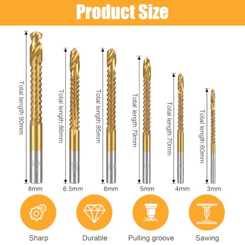 6PcsTitanium Coated HSS Twist Drill Bits 3-8mm Side Cutting Drill Bit