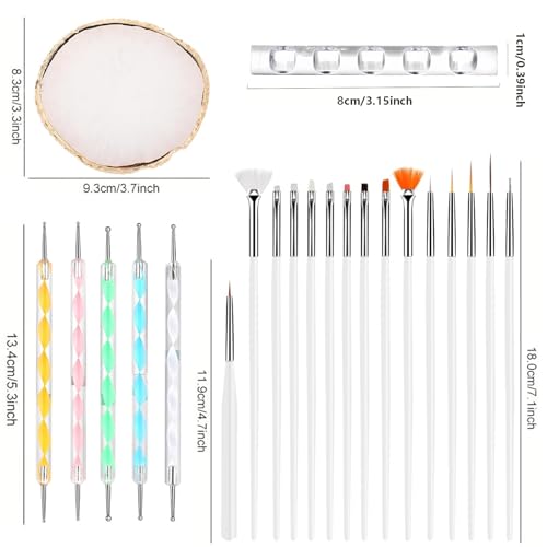 Nail Art Brush 22 Piece Set, 2 Way Acrylic Silicone Engraving Pen Dotting Pen Tools Nail Art Kit, Resin Nail Art Palette, For Nail Art DIY Home Salon Makeup Display Board (White) - color: White