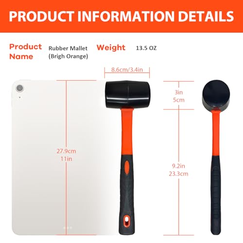 Rubber Mallet with Soft Hammer Head - 13.5 oz Rubber Mallet Hammer, Rubber Mallets Hammer for Woodworking, Flooring, Tile, Furniture Assembly, Fencing, & Woodwork Projects.（Bright Orange）