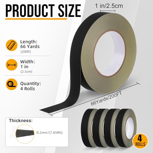 4 Pack Gaffers Tape, 1 in x 66 Yard Acetate Cloth Fabric Tape 0.2 mm Thick Black Electrical Wire Harness Insulation Tapes, Heat Resistant for Wire Wrap, Splicing, Multipurpose