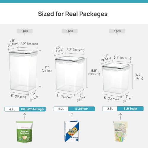 Vtopmart 5 PCS Flour and Sugar Storage Container Sets for Regular Bakers | BPA Free, Airtight Seal, Dishwasher Safe (Not Lids), 6.5L--10lb Sugar, 5.2L--5 lb Flour, 2.5L--3 lb Sugar, with Label, Scoop - size: 5 Pack