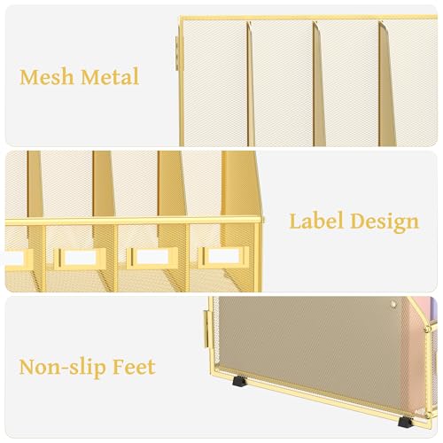 SUPEASY Desk Organizers Metal Desk Magazine File Holder with 5 Vertical Compartments Rack File Organizer for Office Desktop, Classroom, Home Workspace, Gold - color: Gold, size: Small