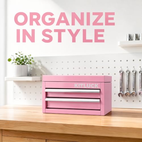 KITLUCK Mini Metal Tool Box, 2-Drawer Top Chest with Ball Bearing Slides, PVC Liners, Durable Cold Rolled Steel Small Tool Organizer for DIY Home Office Multi-Purpose Storage,Pink - color: PINK