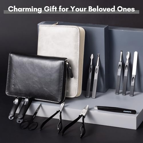 FAMILIFE Stainless Steel Manicure Set 11-in-1 Professional Nail Clipper Kit | Portable Leather Travel Case, Pedicure & Grooming Tools for Fingernails & Toenails, Luxury Gifts for Men & Women, Matte Black - color: Black-1