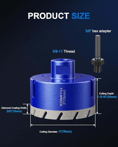 3" Diamond Hole Saw, Wet/Dry Diamond Core Bit for Tile Granite - size: 3"(76mm)