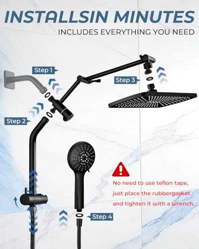 Shower Head with Handheld,High Pressure Black Slide Bar Shower Head - color: C-Matte Black, style: Rectangular 12"