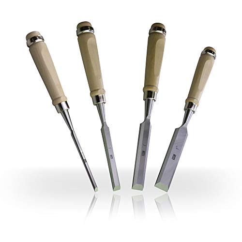 Woodworking 4 PC Wood Chisel Set Chrome-Vanadium Steel with Hornbeam Handles for Carpentry, Woodworking, Carving, Craftsman, 1/4 inch,1/2 inch,3/4 inch, 1 inch - size: 4 Piece Wood Chisel