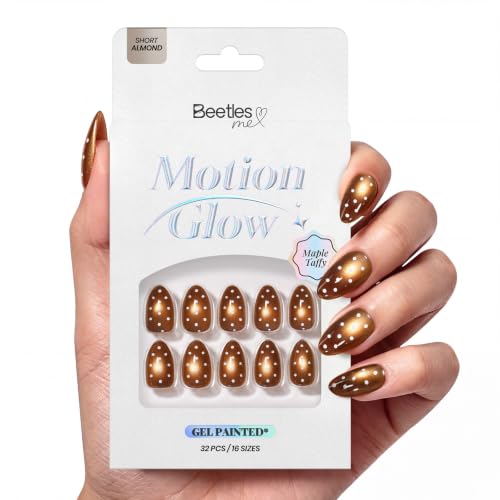 Beetles Brown Cat Eye Press On Nails Short Almond, 32PCS, Polka Dot Design - color: 2A - Maple Taffy - S