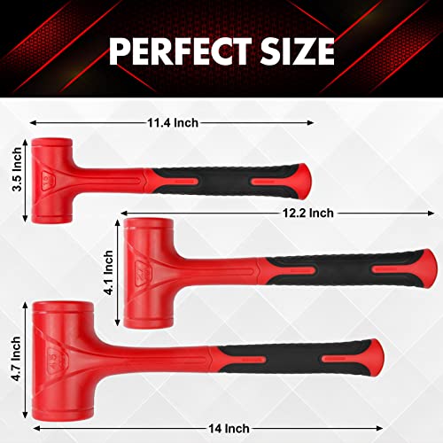 YIYITOOLS Dead Blow Hammer Set, 3 Piece/16oz(1LB),27oz(1.5LB),45oz(3LB),Red and Black, Shockproof Design, No Rebound Mallet Unibody Molded Checkered Grip Spark and Rebound Resistant (YY-3-013) - size: 1-3LB