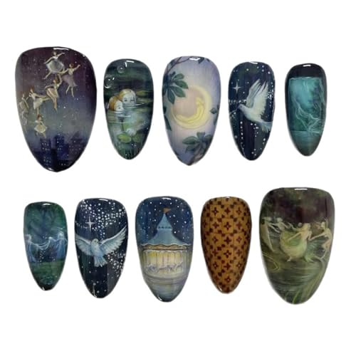 SINHOT Almond Press on Nails - Medium Fake Nails, Glossy Finish, Cute Pattern & White Dove, DIY Artificial False Nail Art - 24 Pcs Nail Kit with Glue