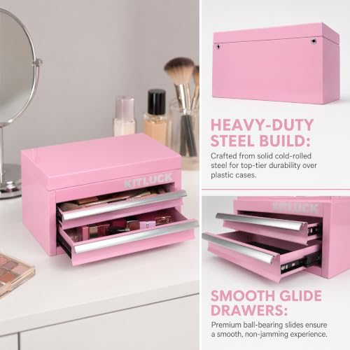 KITLUCK Mini Metal Tool Box, 2-Drawer Top Chest with Ball Bearing Slides, PVC Liners, Durable Cold Rolled Steel Small Tool Organizer for DIY Home Office Multi-Purpose Storage,Pink - color: PINK