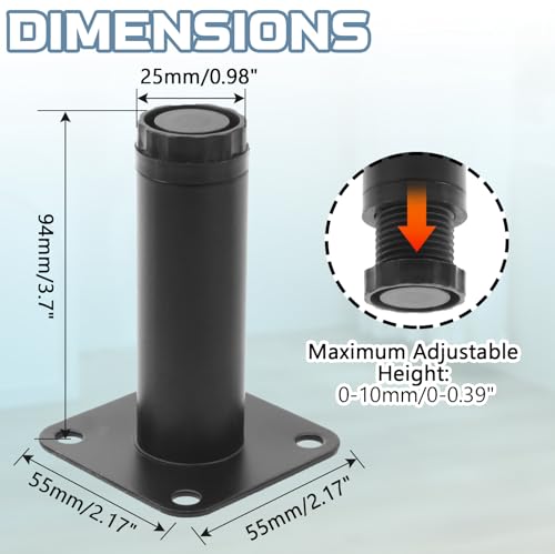 4 Inch Adjustable Steel Furniture Legs 4-Pack 1" Dia (Black) - size: 4 Inch