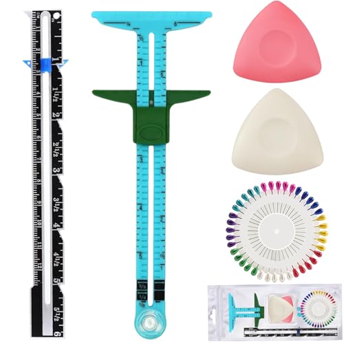 Sewing Gauge Measuring Tool Set, 5-in-1 Sliding Marker & Seam Gauge Ruler | Acrylic T-Shaped Quilting Ruler Set, Essential Sewing & Quilting Tools for Hemming, Buttonhole Marking & Crafting 5Pcs Blue - color: Blue