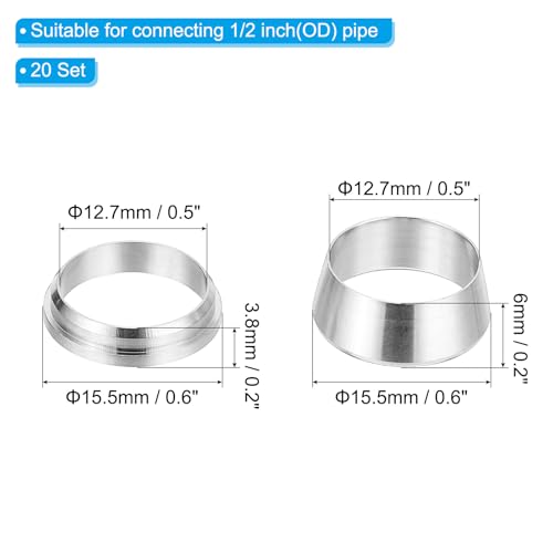 PATIKIL 1/2" Tube OD 304 Stainless Steel Compression Tube Fitting Sleeve, 20 Pack Double Ferrule Ring Tubing Fitting Assortment Kit, Silver - size: 0.5 Inch