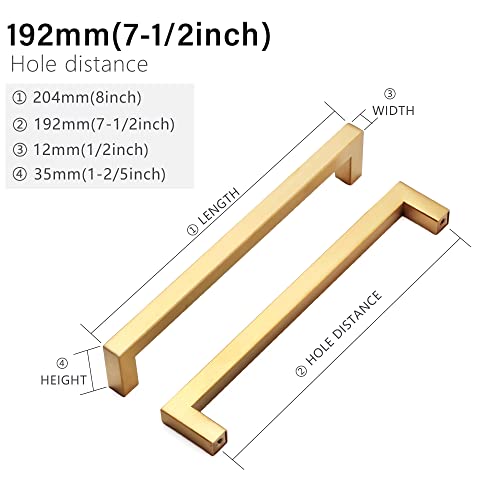Cabinet Pulls Gold Cabinet Handles Square Drawer Pulls, 5 Pack 7-1/2 Inch Stainless Steel Kitchen Door Cupboard Cabinet Handles, Drawer Hardware Handles, 192mm Hole Centers - color: Gold, size: Two Hole - 7-1/2 inch Hole Centers(192mm)