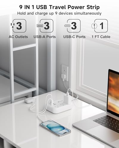 Beeiker Short Extension Cord 1 Ft,6 USB (3 USB C) Power Strip,3 Outlets - size: 1 FT-24W-980J-White