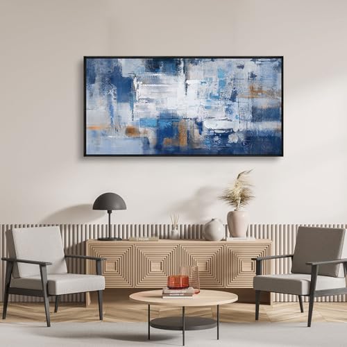 KLAKLA Navy Blue Abstract Canvas Wall Art - Black Frame Artwork Picture Living Room Wall Decor Modern Paintings Large Wall Art for Bedroom Home Decoration - color: Blue-White-Gray + Black frame, size: 48"L x 24"W
