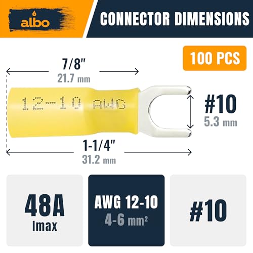 ALBO Heat Shrink Crimp Connectors (Fork 100pcs Yellow #10 AWG 12-10) - color: Fork 100pcs Yellow #10 AWG 12-10