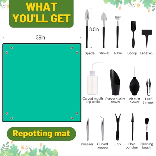 ANPHSIN 20pcs Small Gardening Tools Gifts for Women Beginners, Green | Garden Hand Tools Set for Indoor Succulent Bonsai Plants Transplanting, Included 39" Plant Repotting Mat/Mini Shovel/Labels - color: Green