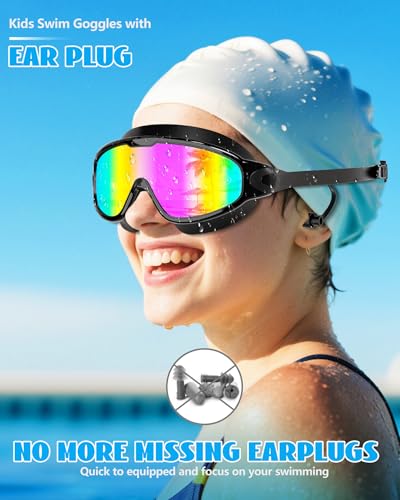 Aegend New Kids 2 Pack Wide View Swim Goggles, Anti-Fog/UV No Leak Goggles with Ear Plugs Kids 3-14 - color: Green Aqua & Bright Rose