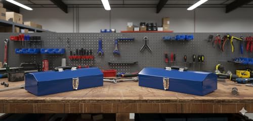 2PACK Portable Tool Box, Metal Tool Box, 4 Non-Slip Foot Pads, Ideal for Trailer, Mechanic, DIY-ers, Car Toolbox, Workshops, Garages, Repair Shops,Blue - size: 2P-16.7in-Blue