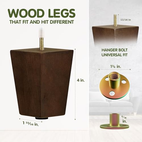 Yes4All 4" Square Wooden Furniture Legs, Adjustable Levelers, Brown, 4PCS - color: Square Brown, size: 4 inch
