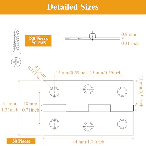 30 Pieces Stainless Steel Folding Hinges, 1.73 Inch Cabinet Hinges, Small Door Hinges with 180 Screws for Wooden Cabinets, Boxes, Crafts and Lightweight Projects - size: 30 Pieces