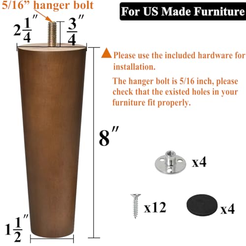Furniture Leg Sofa Legs Replacement Wood 8 inch Mid Century Dresser Legs with 5/16 inch Bolt Set of 4 - size: 8 inch Brown