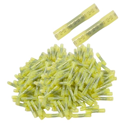 Heat Shrink Butt Connectors,200Pcs 12-10 AWG Yellow Waterproof Electrical Wire Connectors Automotive Marine Grade Wire Crimp Terminals Butt Splices for Cable,Boat,Home Electrical etc. - size: [12-10 AWG] x 200