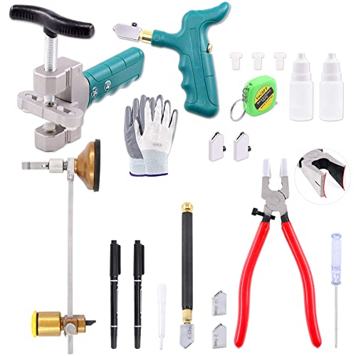 Keadic Glass Tile Cutter Tool Kit, Contains Glass Running Pliers, Oil Feed Carbide Tip with 5 Alloy Steel Blades, Spacers, Oil Bottles Tape Measure, Cut-resistant Gloves and Circular Glass Cutter