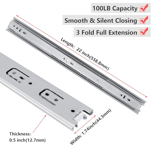 homdiy Side Mount Drawer Slides 22 Inch 1 Pair Heavy Duty 100 LB Capacity - size: 22 Inch