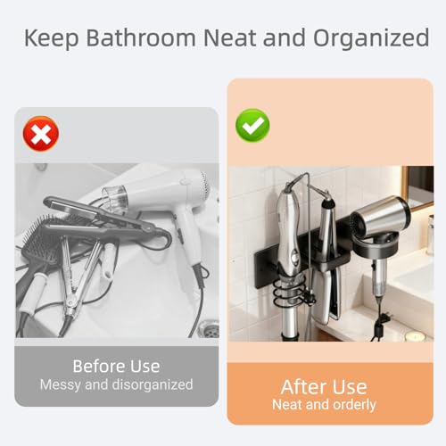 Hair Dryer Holder Wall Mounted Blow Dryer Holder Curling Iron Holder Straightener Holder 3 in 1 Bathroom Metal Hair Tool Organizer Rack（Black） - color: Matte Black