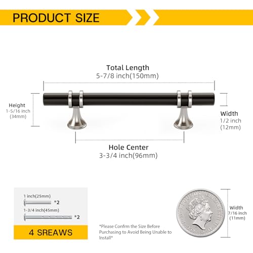 Rergy 10 Pack 3-3/4 Inch Hole Center Black and Silver Cabinet Pulls - color: Black&Brushed Nickel, size: 3-3/4in Hole Center(96mm)