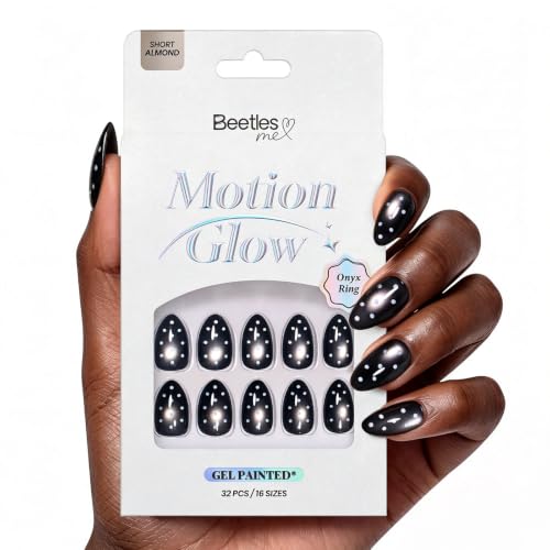 Beetles Black Cat Eye Press On Nails Short Almond, 32 PCS, White Polka Dots - color: 2B - Оnух Ring - S