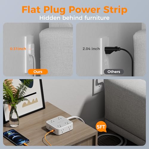 TESSAN Surge Protector Power Strip with 900J Surge Protection, 5 Ft, Grey - color: Grey with 3 USB C, size: 5 feet