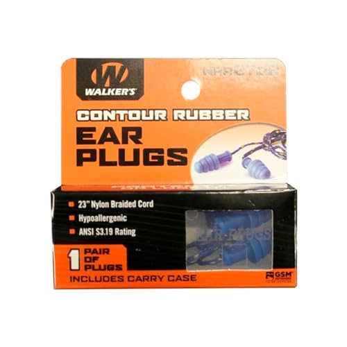 Walker's 27dB NRR Passive Hearing Protection Range Shooting Hunting Work Soft Comfortable Contour Rubber Earplugs w/ 23" Nylon Braided Cord & Plastic Storage Case